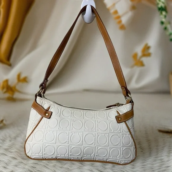 Salvatore Ferragamo White and Tan Shoulder Bag - Picture 2 of 11